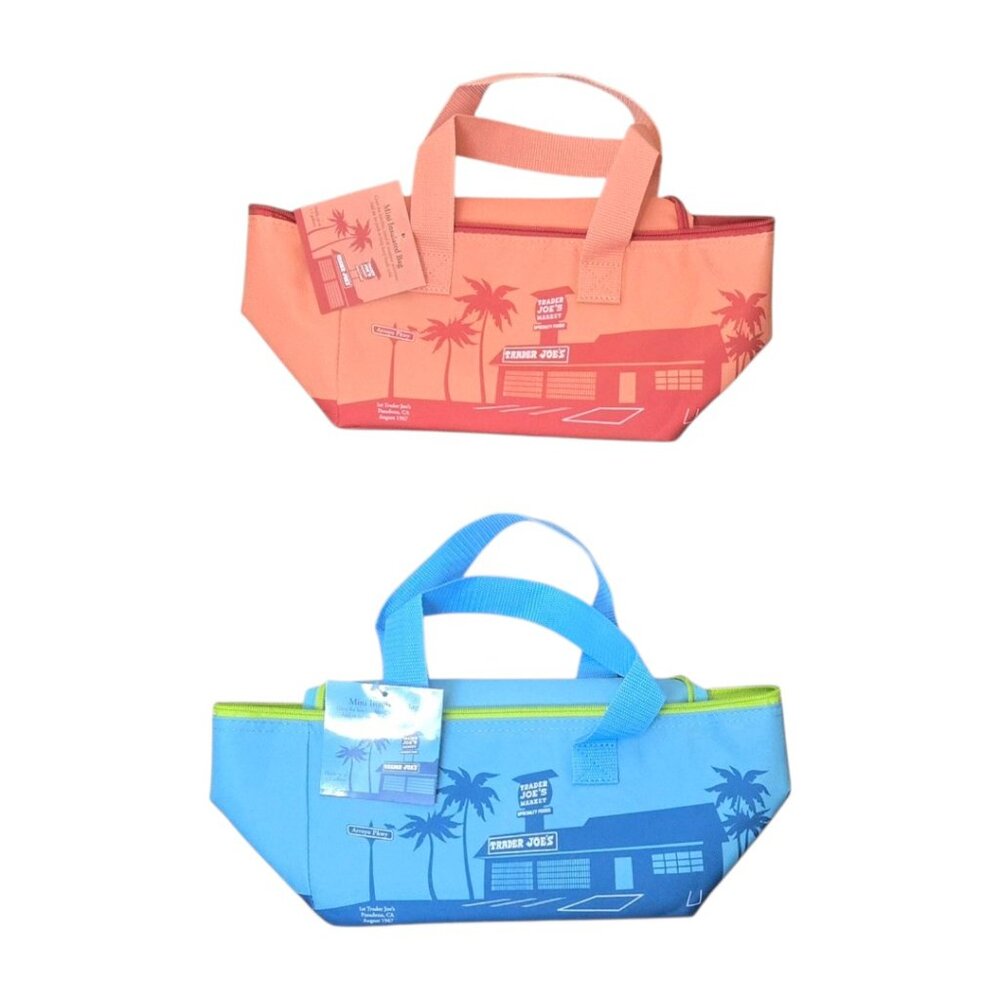 Trader Joe's 2 Pack Mini Insulated Bags Peach & Blue Foldable Lunch Travel NWT - Picture 3 of 3